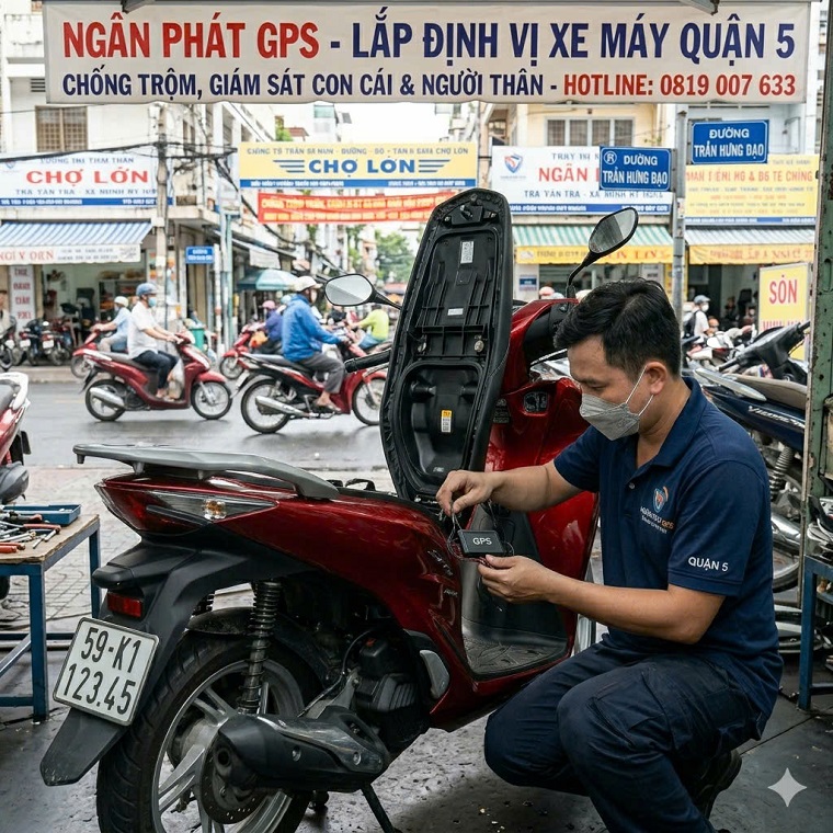Kỹ thuật viên lắp định vị xe máy tại Quận 5